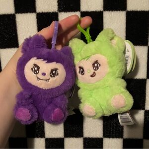 New 2 Lababies Fifi & Zuzu Purple & Lime Monster Chibi Plush Clip Keychains Y2K